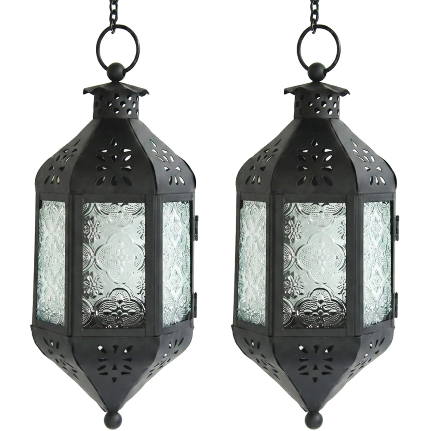 Vela Lanterns Hanging Moroccan Lamp - Exotic Decorative Patio & Porch Decor, Indoor Outdoor Tea Light Candle Lantern Holder with Chain (11" Medium, Clear Glass, 2-Pack)