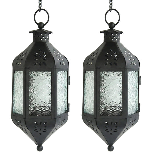 Vela Lanterns Hanging Moroccan Lamp - Exotic Decorative Patio & Porch Decor, Indoor Outdoor Tea Light Candle Lantern Holder with Chain (11" Medium, Clear Glass, 2-Pack)