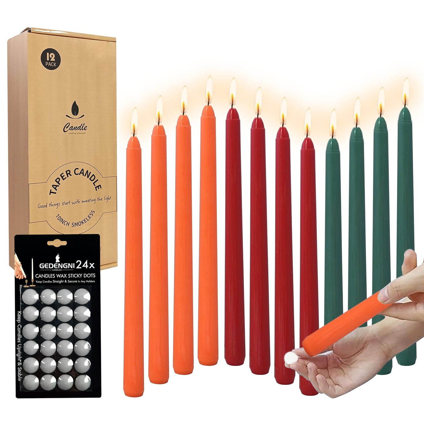 Gedengni Unscented Candlesticks Red Taper Candles,10 inches Dripless Tapered Candles Green Candle Sticks Orange Candlestick for Home Party Wedding Restaurant Holiday(8D12P-ORREGR)