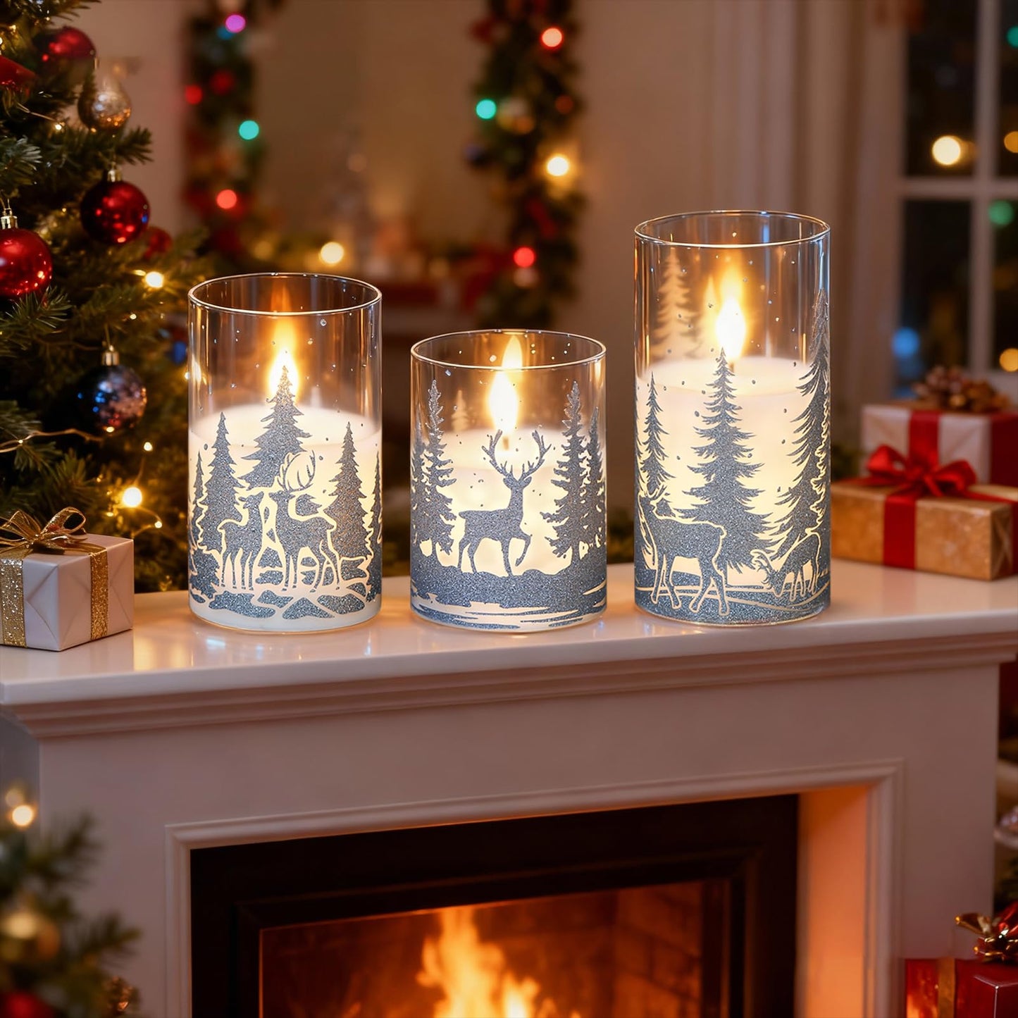 KunSwenn Christmas Flameless Candles with Silver Reindeer Decals, 3 Pack LED Glass Battery Operated Candles with Remote Timer, Pillar Candles with Deer and Tree Pattern for Christmas Winter Decor