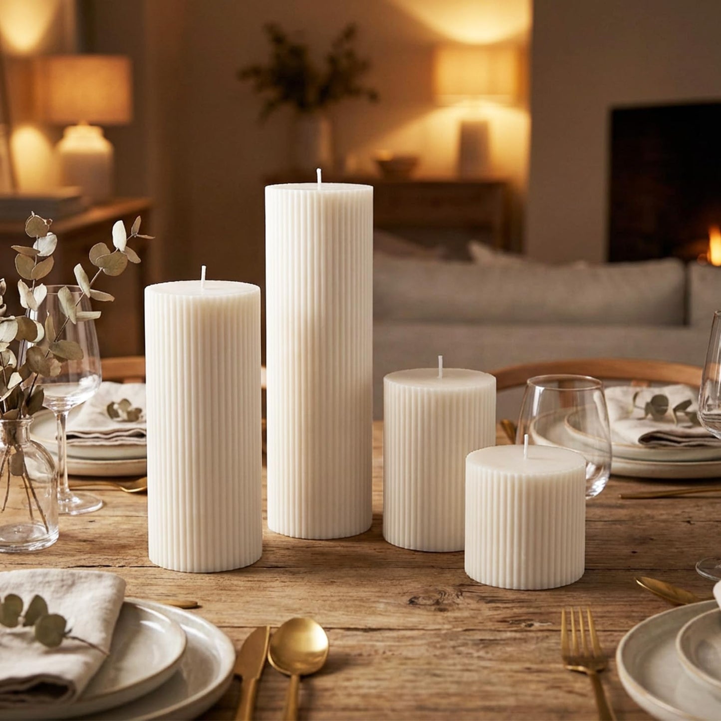 PEDOBALI Ribbed Pillar Candles Set of 4, Pillar Orchids Scented Candles Width 3" High 3" 4" 6" 8" Large Aesthetic Ribbed Soy Wax for Living Room Bathroom Modern Home Decor(Cream)