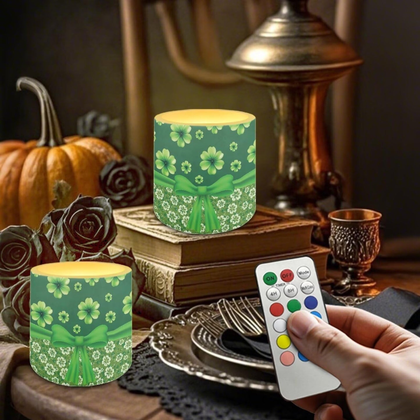 Merkmak 4 Pcs Flickering Flameless Candles with Remote Battery Operated Pillar Candles with Timer St Patrick's Day Shamrocks Ribbon Print LED Pillar Tealights for Patio Banquet Home Decor