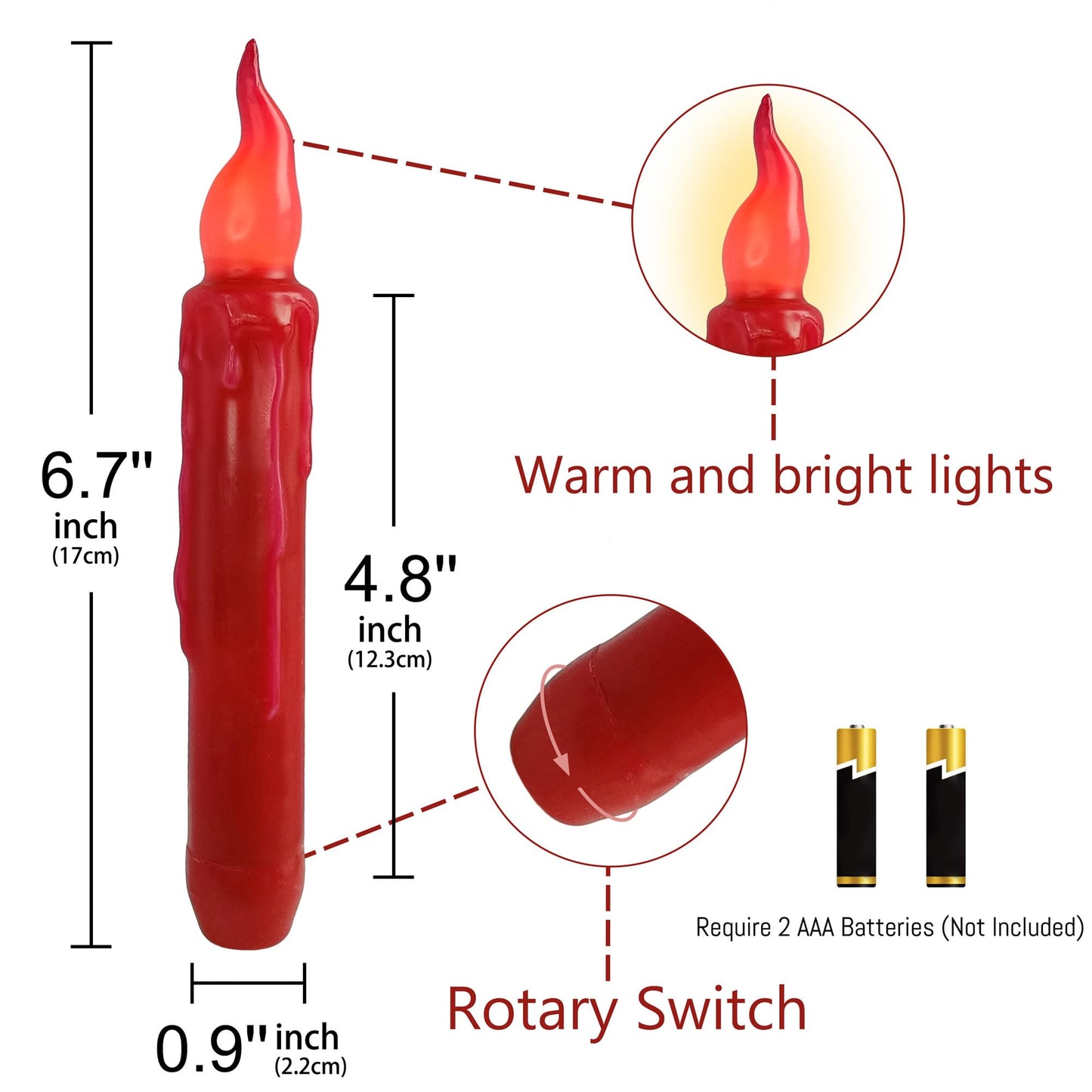 Gedengni Red Candlesticks Flameless Taper Candle, 4pcs Short LED Tapered Candles Remote Dipped Candle 6inch Battery Chandelier for Enchanting Christmas Harry Potter Inspired Vigils,R
