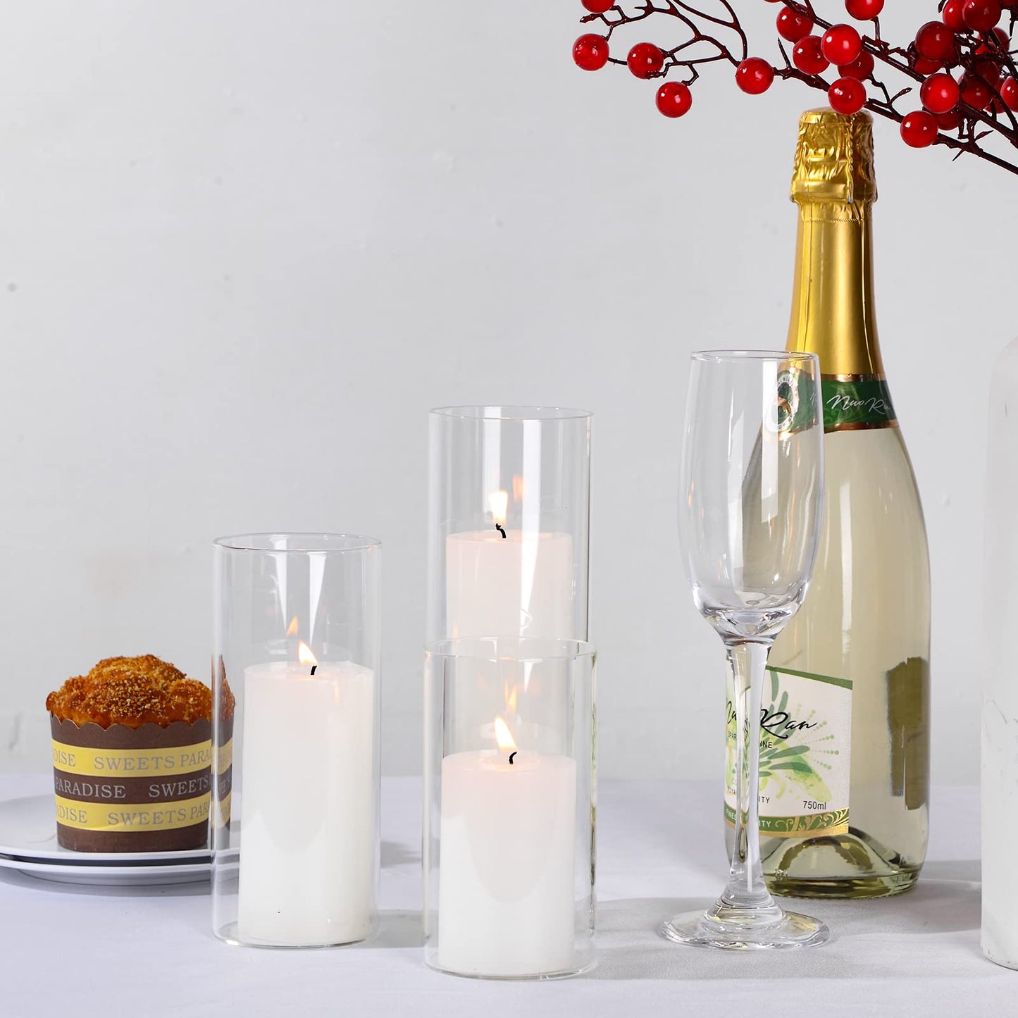 Shihanee Set of 6 Pillar Candles with Glass Cylinder Vases Clear Cylinder Hurricane Candleholders for Slim Tall Pillar Candles Wedding Table Centerpieces(2.6'' X 4.7'', 5.9'', 7.9'',White)