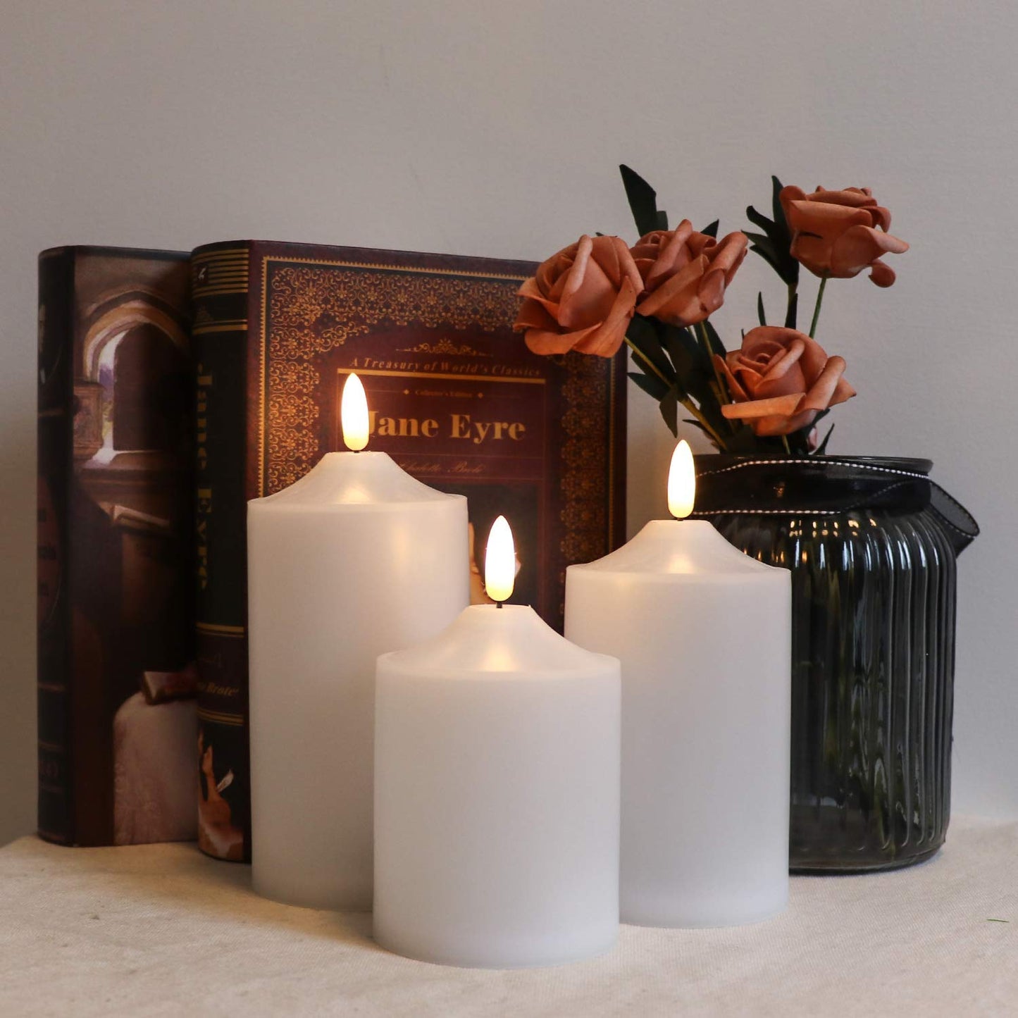 Eldnacele Waterproof Outdoor Flameless Flickering LED Candles with Timer Remote, Battery Operated 3D Wick Plastic Pillar Candles Pack of 3 for Indoor Outdoor Decoration, D3'x H4'x W5'
