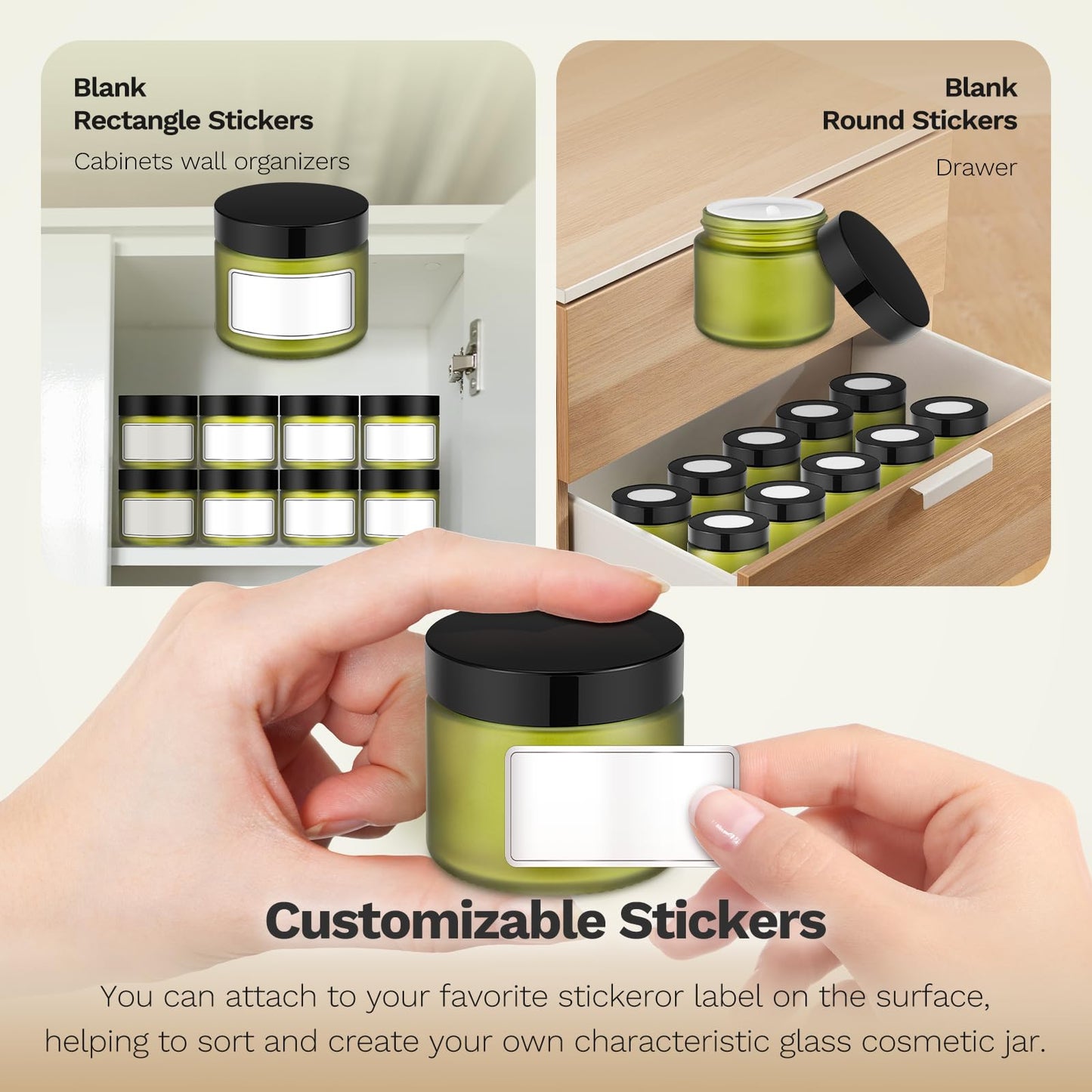 2 oz Small Glass Jars with Lids, Bumobum 48 pack Round Green Glass Candle Jars with Black Lids, White Labels & Inner Liners, Empty Cosmetic Containers for Cream, Lotion, Slime, Ointment