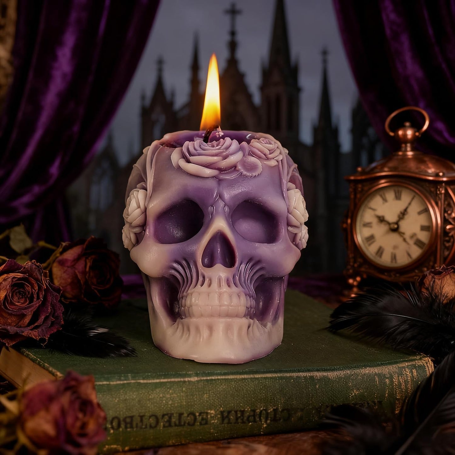 Sungmor Purple Skull Shaped Candles - Halloween Decor, Day of the Dead Gifts, Gothic Home Decor Candles, Unique Scented Candle for Spooky Ambiance, Set of 2, 100% Natural Soy Wax Decorative Candle