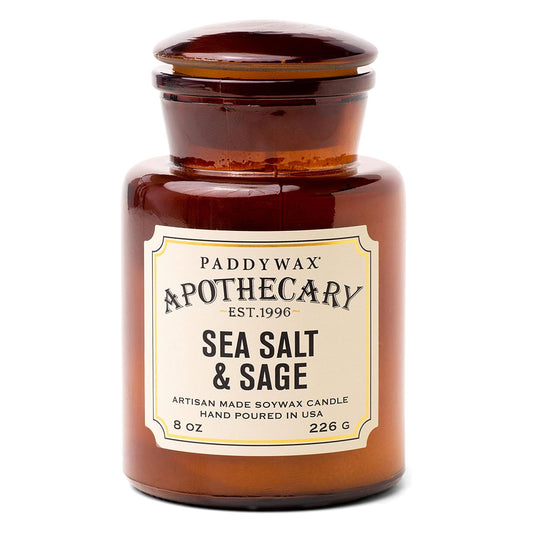 Paddywax Artisan Apothecary Scented Candle with Lid in Reusable Glass Jar, Clean-Burn Soy Candle with Approx. 54 Hour Burn Time, Sea Salt & Sage, 8 oz.