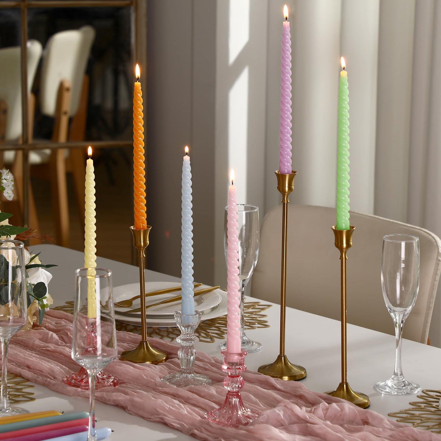Nuanchu 25 Pcs Spring Spiral Taper Candles Set Pastel Colorful Twisted Wax Candlestick 10 Inch Unscented Dripless Long Tall Tapered Candlesticks Smokeless for Spring Dinner Wedding Party