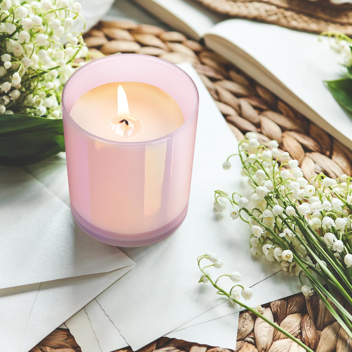 SHOWIN 10 OZ Thick Candle Jars for Making Candles 15 Pcs, Empty Jars with Wood Lids for Candle Making, Sample Container, Glitter Pink