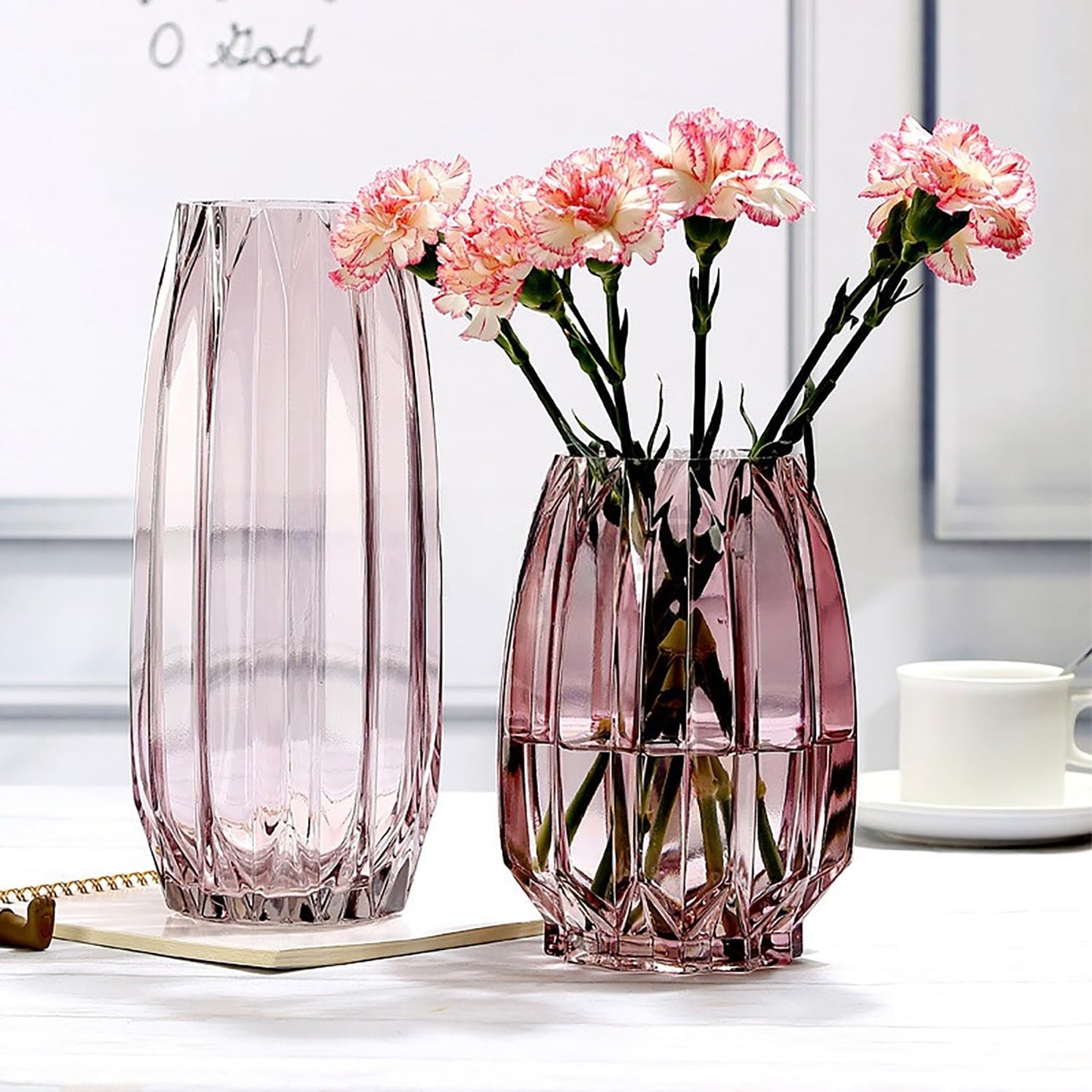 Lucky Bird Purple Pink Ribbed Glass Vase for Flowers and Candles - Modern Centerpiece (H12.0 inch)