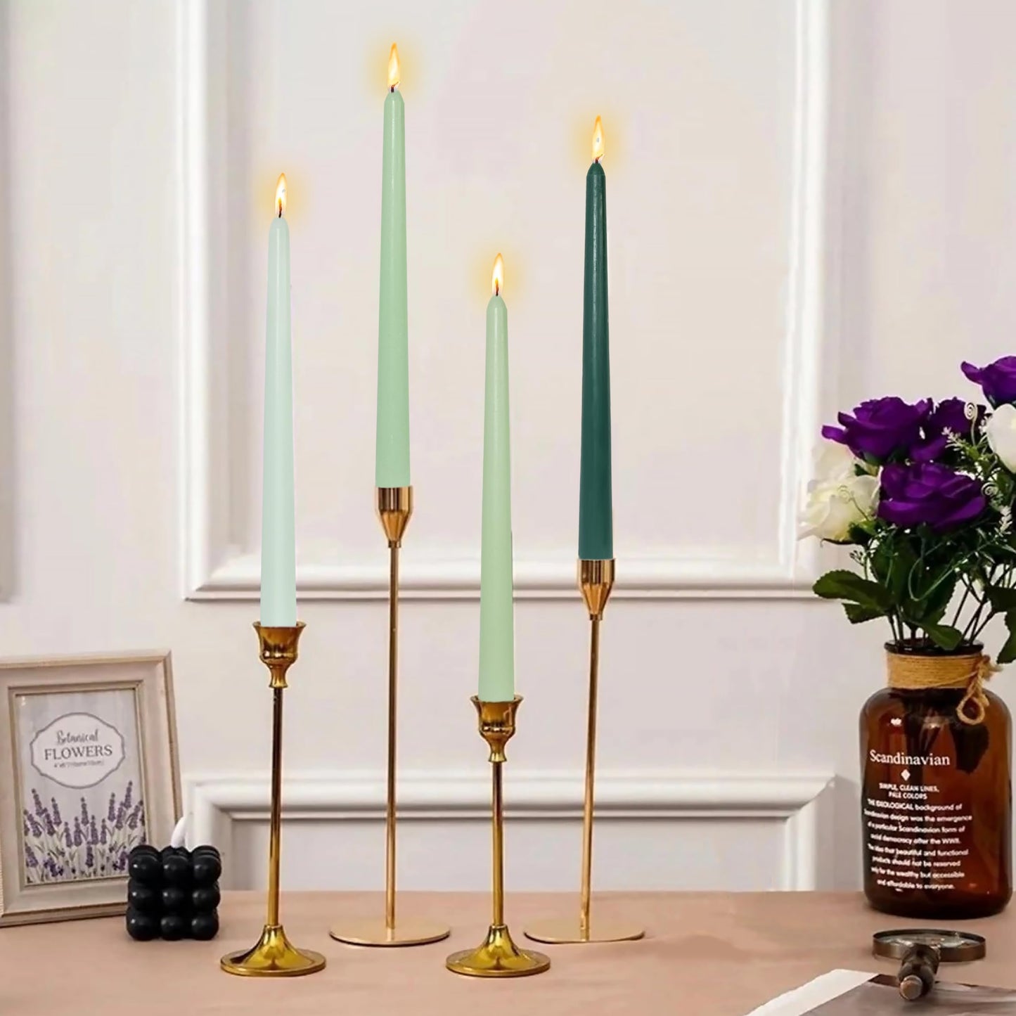Dripless Handmade Gradient Green Taper Candles Green Tea Scented Long Lasting Smokeless Aromatherapy Candles 10 Inch Elegant Tall Candlesticks for Home Décor Wedding Gift