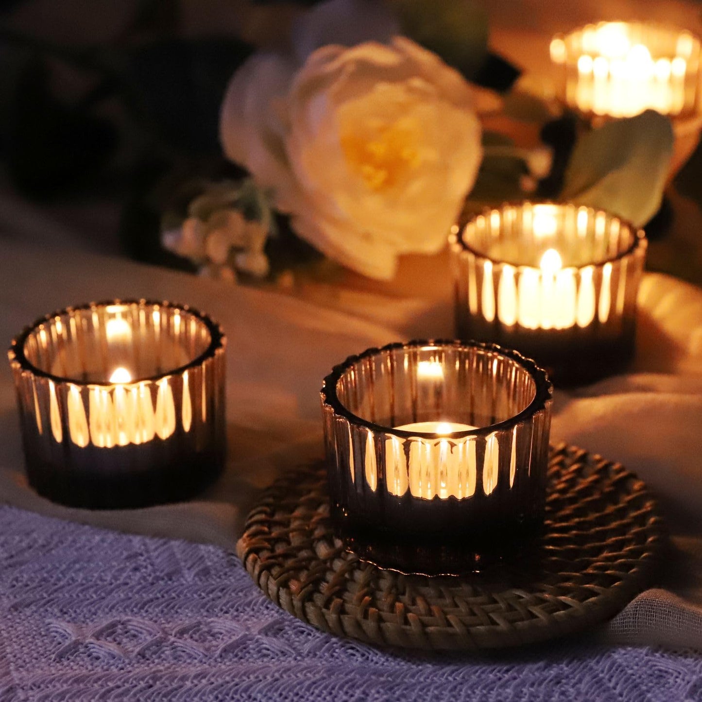 VOHO Classic Grey Tealight Candle Holder for Modern Home Decor, Set of 12 Tea Light Candle Holder Glass Ribbed Gifts for Thanksgiving Holiday, Small Votive Candle Holders for Birthday Themed Party