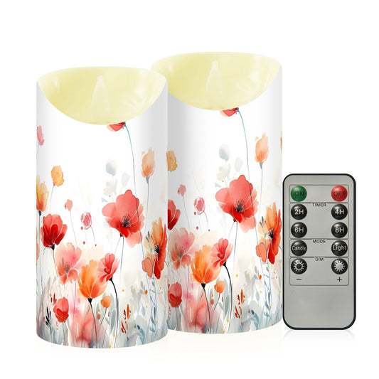 Watercolor Luxury Red Orange Long Stemmed Flowers Flickering Flameless Candles Battery Operated with Remote Timer,Tea Light Candles LED Pillar Votive set of 2 for Outdoor Indoor Decorations 3" x5.9"