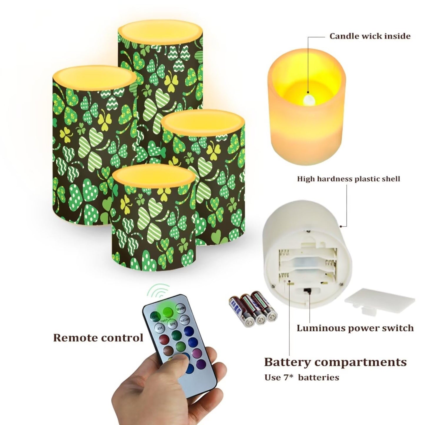 NETILGEN St Patrick's Day Decorative Flameless LED Candles Set of 4 Electric Candles with Remote Timer Control Color Changing, Green Leaf