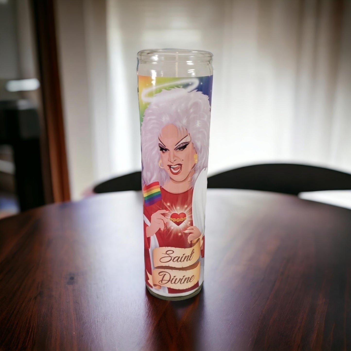 Saint Divine Queen of Filth Drag Gay Queer LGBTQ+ Pride Icon Celebrity Prayer Devotional Parody Candle - Funny, Novelty Gift - 8 inch, White, Cut - Unscented Glass