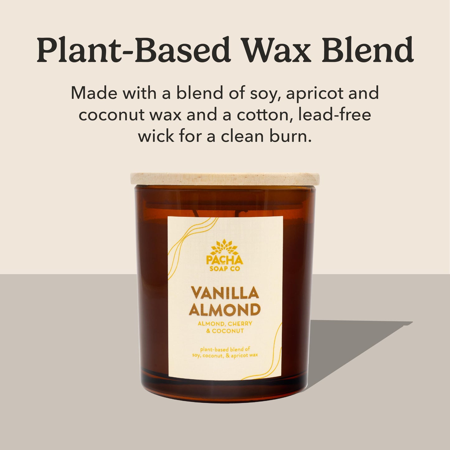 PACHA SOAP Co. Vanilla Almond Candle, 7 oz - Scents of Almond, Coconut and Cherry - Clean Burning, Soy, Coconut & Apricot Wax, Lead-Free Wick, Cruelty-Free, Recyclable