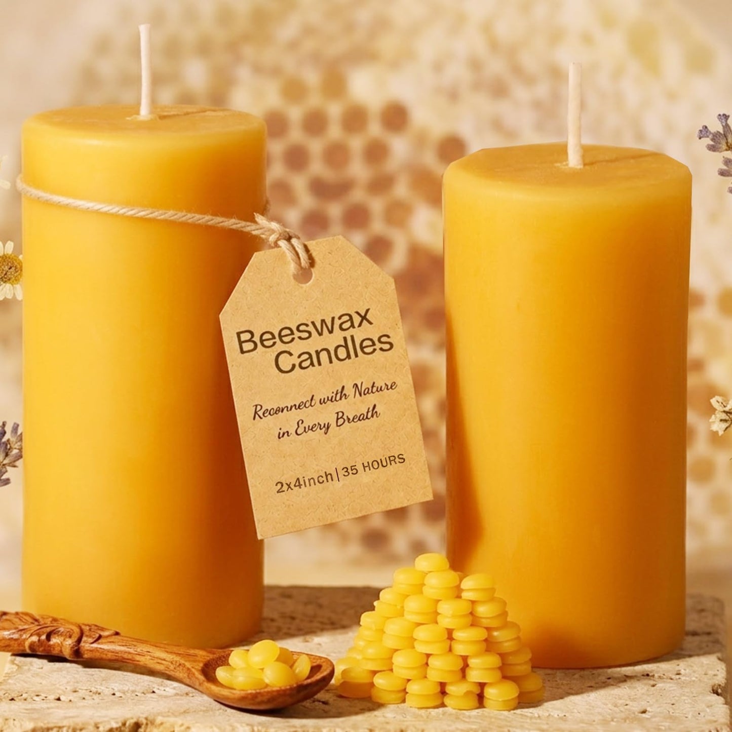 Beeswax Pillar Candles Set of 2, 70 Hours Long Burning, 100% Natural Beeswax Candles for Emergency, Pure Bees Wax for Home, Smokeless & Dripless