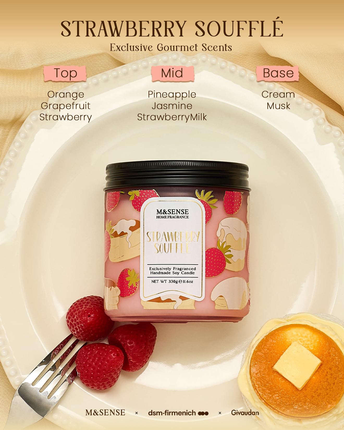 M&SENSE 2 Wick Strawberry Souffle Scented Candle,11.6oz Natural Soy Wax Non Toxic for Home, Up to 70 Hours Burn time,Fall Decorations for Home