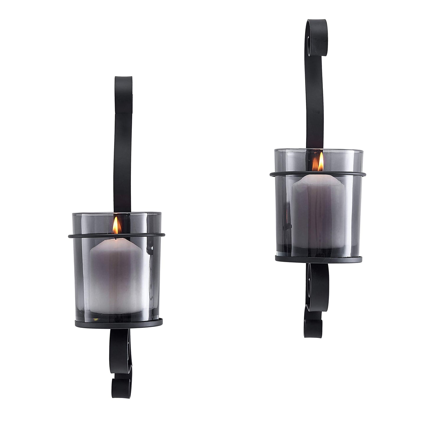 Danya B. 14.5" Vintage Black Wall Sconce Candle Holder Set of 2 with Smoke Glass Hurricanes and Iron Metal Frames, Rustic Style, for Standard Pillar or Flame-Less LED Candles