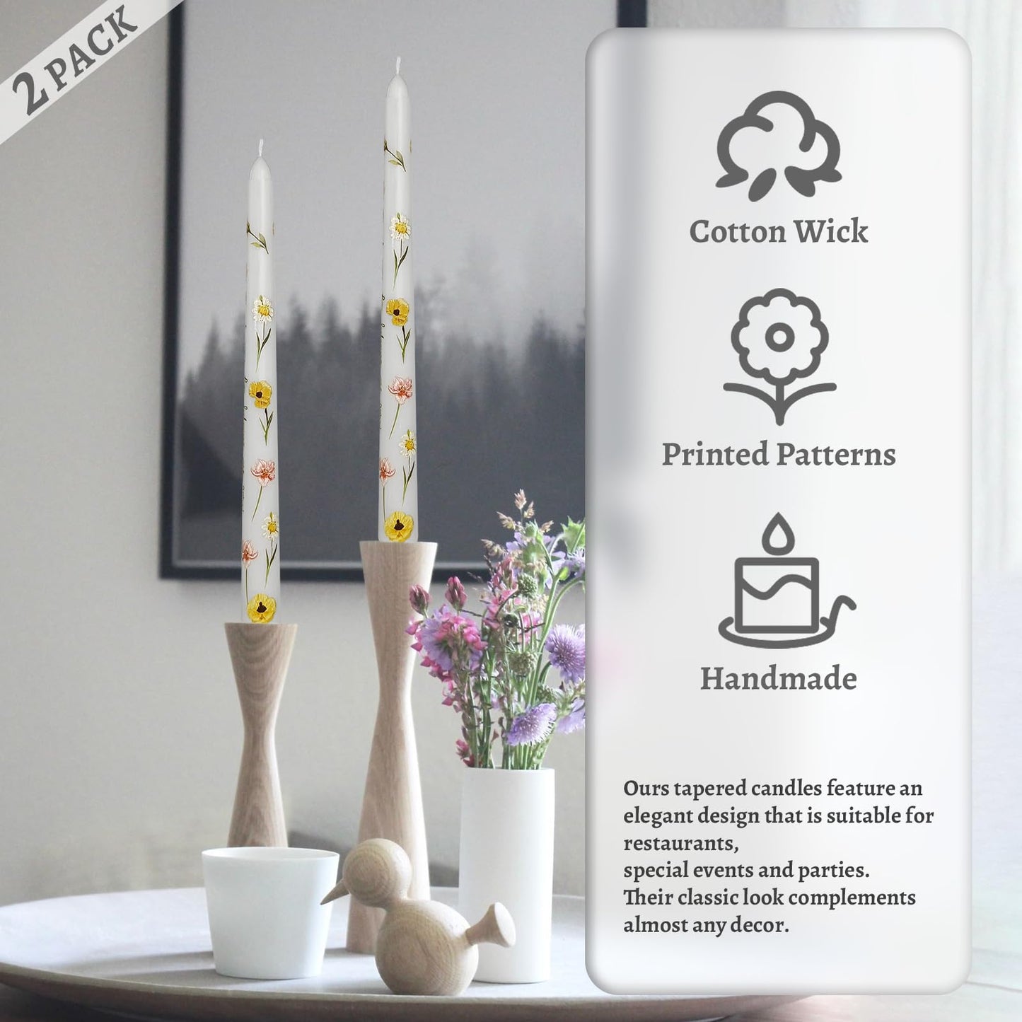 Floral Taper Candles 10 Inch Tall Unscented Handmade White Corn Poppy Print Long Burning Elegant Candlesticks for Wedding Dinner Home Decor