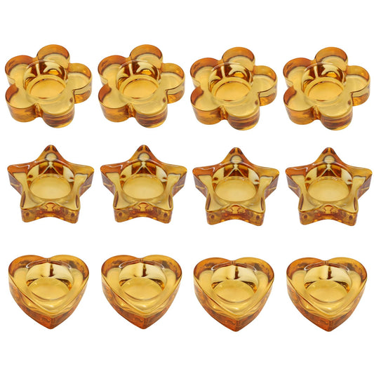 Votive Candle Holders Set of 12 for Table Centerpiece（3 Sizes,Heart/Flower/Star,Amber Glass Tea Light Candle Holders Bulk for Birthday Party,Wedding,Fall Home Decor, Festival Decorative(Amber)