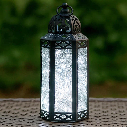 Vela Lanterns Decorative Indoor Moroccan Candle Holder & LED Fairy Lights -Twinkle Turkish Lamp, Fantasy Home Decor Table Centerpieces, Hanging Outdoor Patio Porch Wedding Ramadan (10.5", Clear)