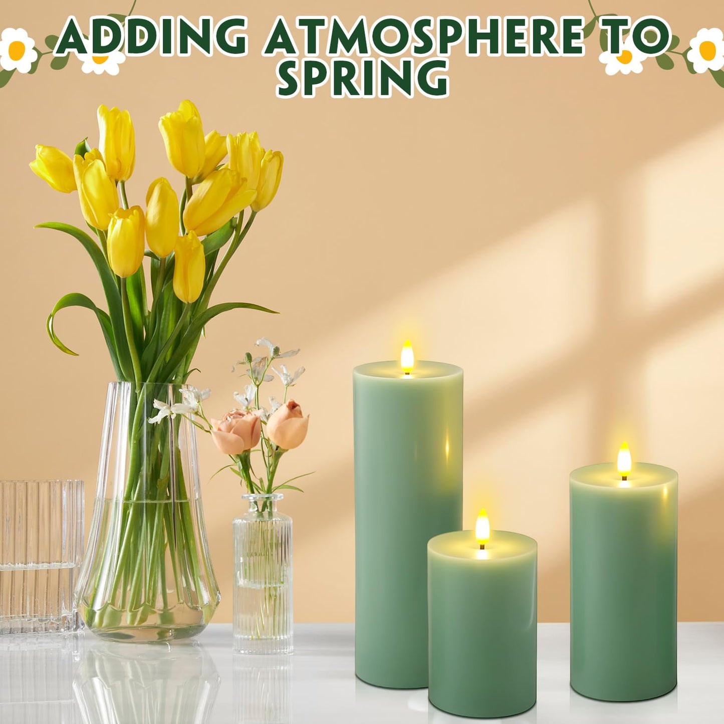 Retisee 3 Pcs Large Flameless LED Battery Operated Candles with Remote and Timer Spring Real Wax Flickering Candles for Indoor Outdoor Party Wedding Lights Decorations, Sage Green
