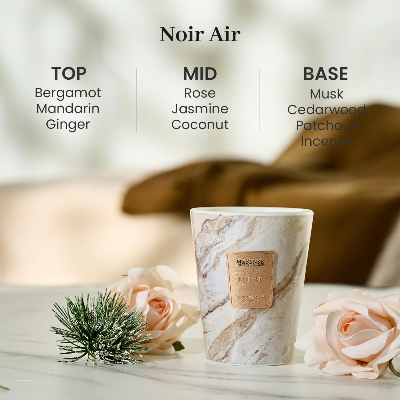 M&SENSE Noir Air Scented Soy Candle, 3 Wick Highly Scented 14.1 Oz 75H, Aromatherapy Christmas Gift for Women and Men