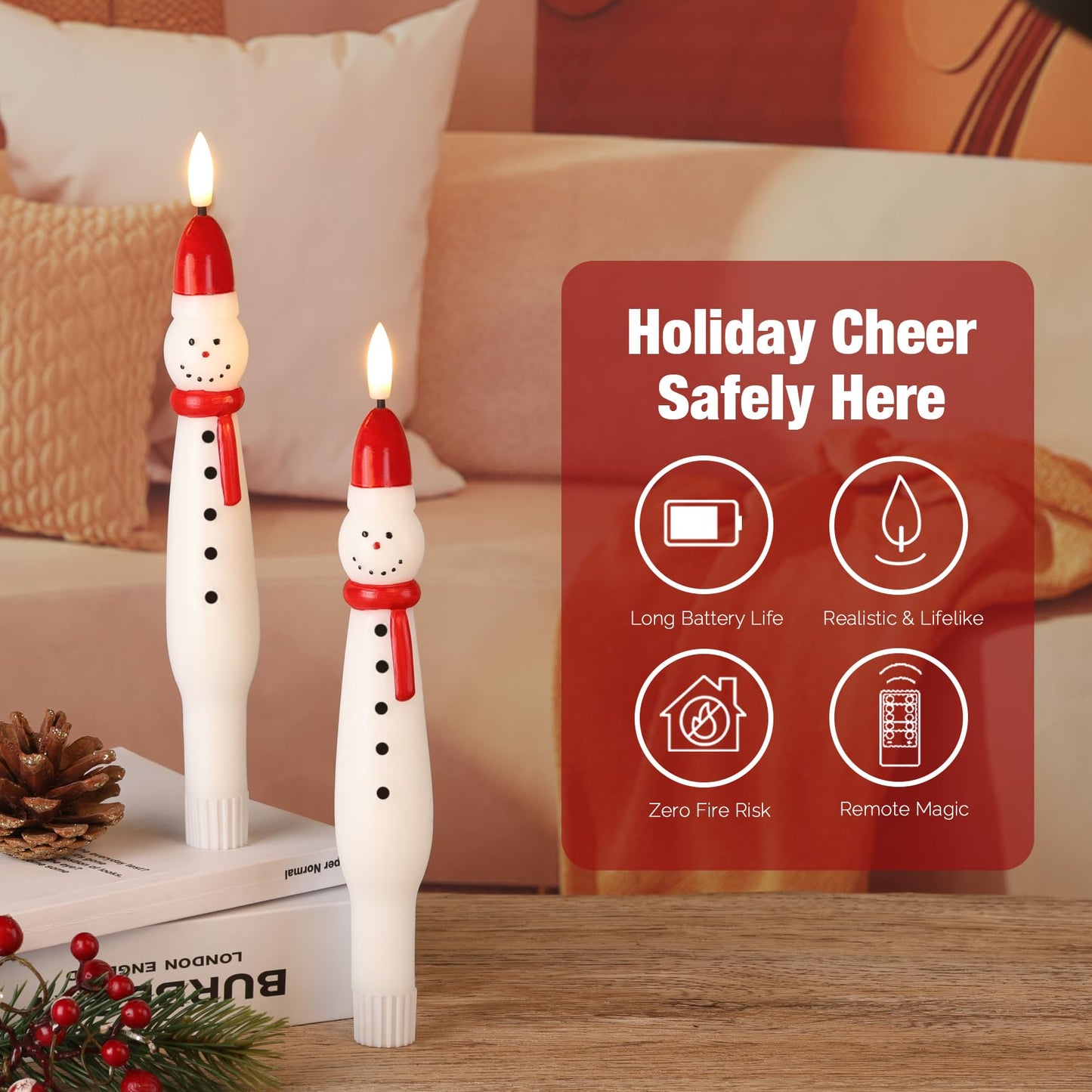 Eywamage Snowman Christmas Flameless Taper Candles with Remote, Flickering Battery LED Wax Candlesticks Set of 4