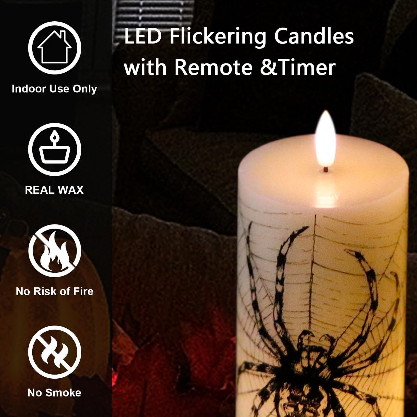 Lasumora Halloween Decorations Flameless Candles with Remote Timer - Skull, Spider Web, Crow Raven Decals Set of 3, Battery Operated Halloween Decor Indoor LED Candle Horror Gothic Punk Real Wax