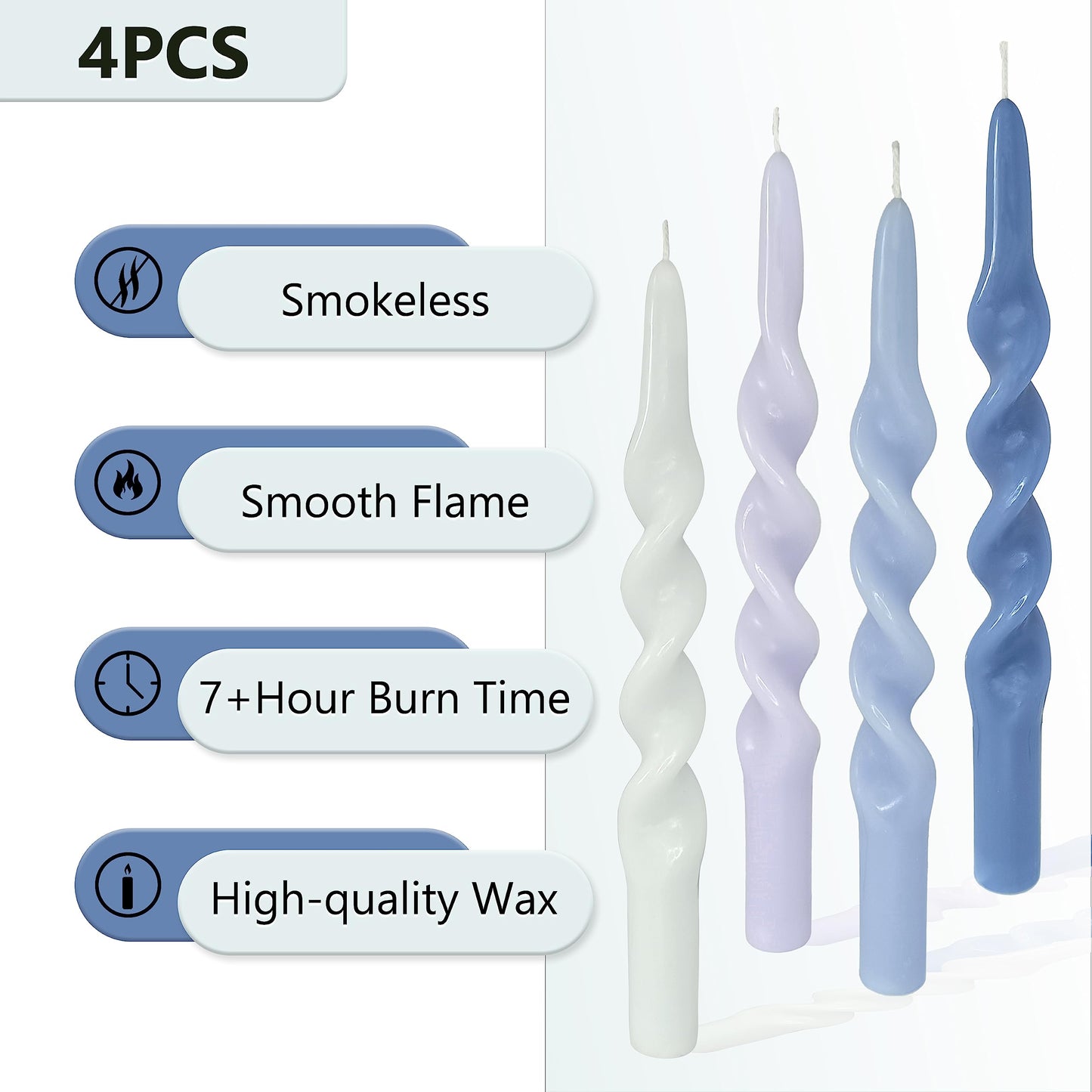 4Pcs Spiral Taper Candle Twisted Candlesticks Blue Gradient Handmade Candle Stick Light Blue Dinner Unscented Candles Long dripless Taper Candles for Home Décor Weddings Festive Seasons Holiday