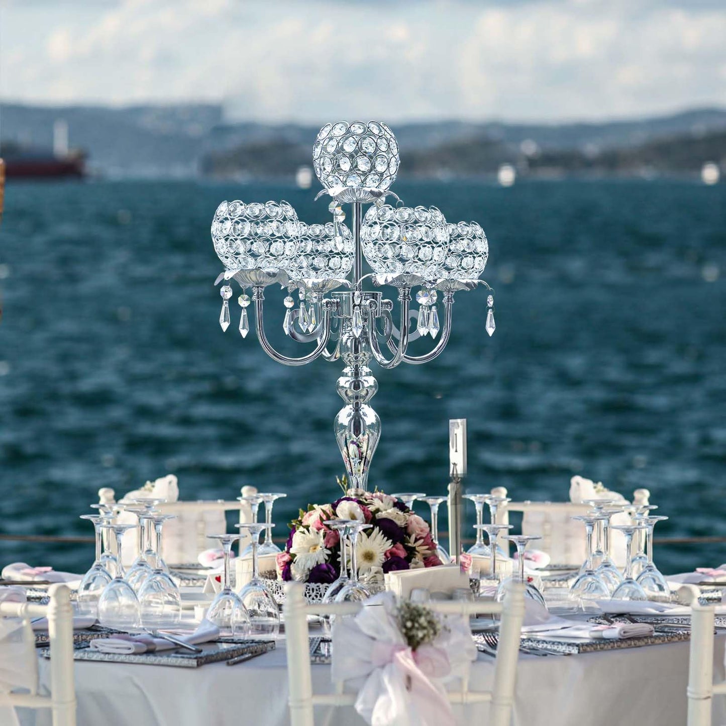 5 Pcs Metal Flower Candle Holder Leaves, 4.3 Inch Metal Candle Stand Accessories with 3 Hanging Holes for Crystal Pendants, Suitable for Candlesticks and Candelabra (Silver, 3.9"-5pcs)