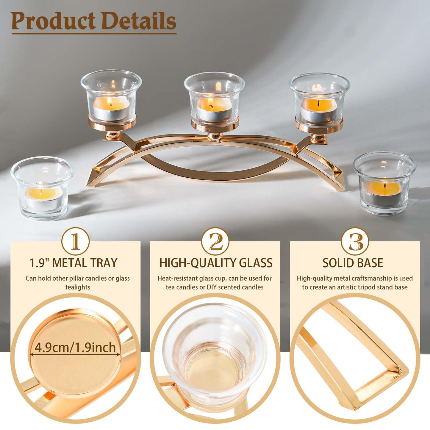 3-Arm Metal Tea Light Candle Holder Set with 5 Glass Cups, Votive Candle Holders Centerpiece Candelabra for Wedding Table Decor, Home Gatherings and Holidays (Gold, 5 Cups)