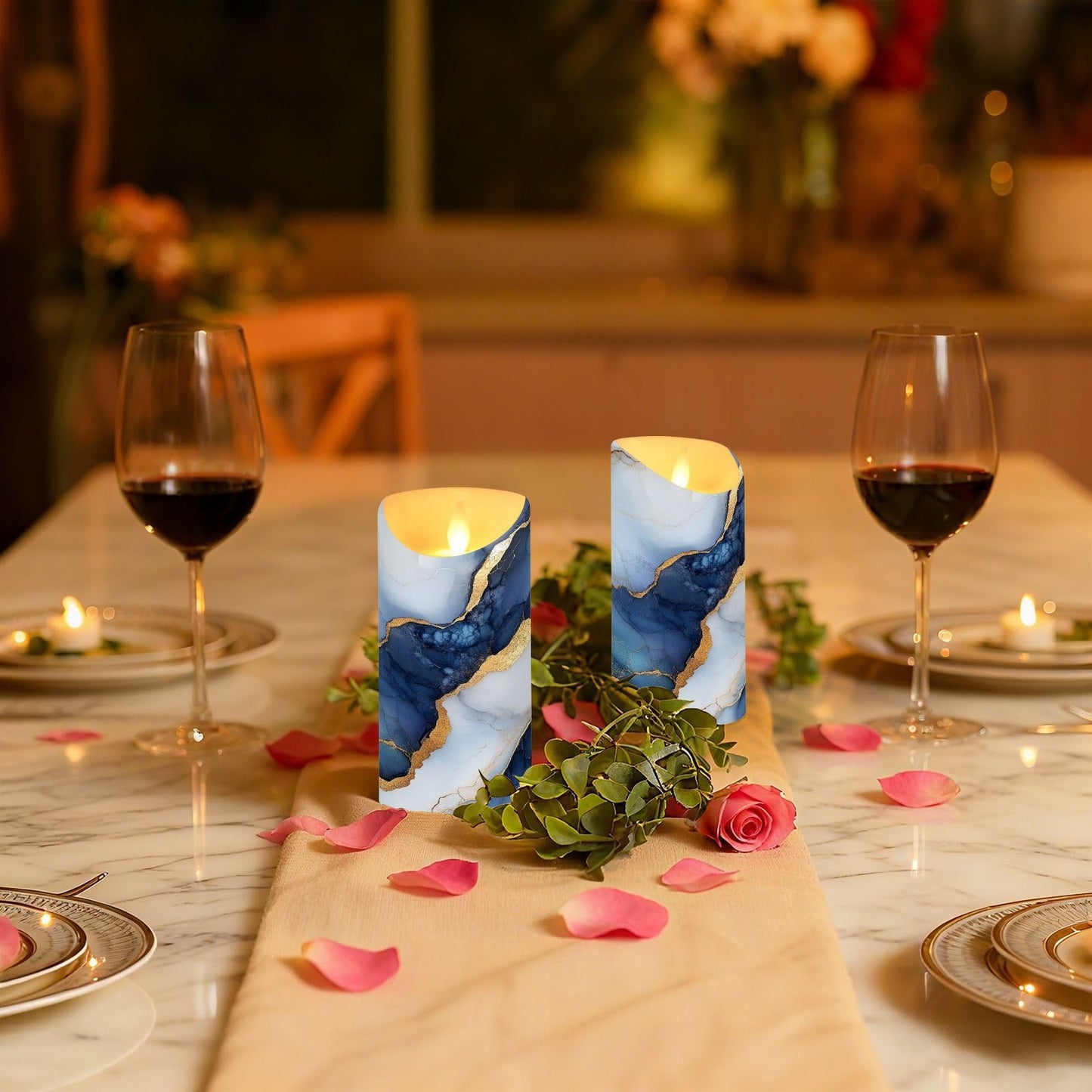 famyily Pillar Flameless Candles Set of 2 Battery Operated Candles for Living Room 5.9x3in - Marble White Navy Blue