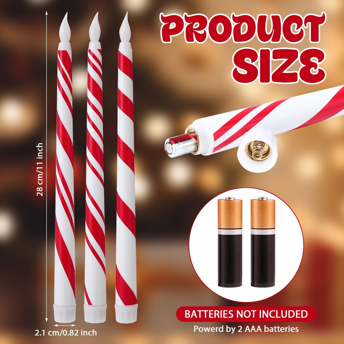 Kittmip 6 Pcs Christmas Flameless Taper Candles 11 Inch Long Candy Cane White Red Battery Operated LED Candles Table Centerpiece for Xmas Winter Holiday Party Decor