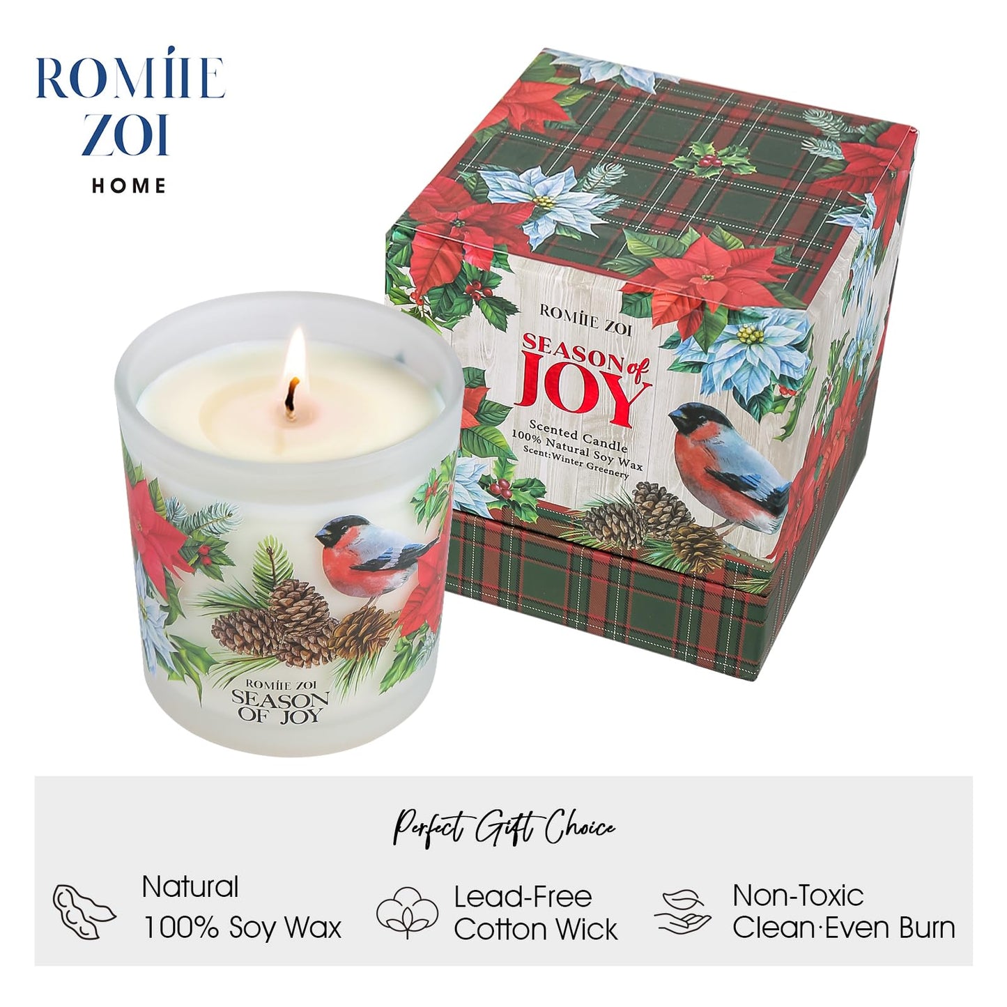 ROMIIE ZOI Christmas Scented Jar Candle - 6oz Soy Wax Candle - Season of Joy Infused with Winter Greenery Aroma - with Beautiful Keepsake Box Special for Christmas/Holiday Gifts