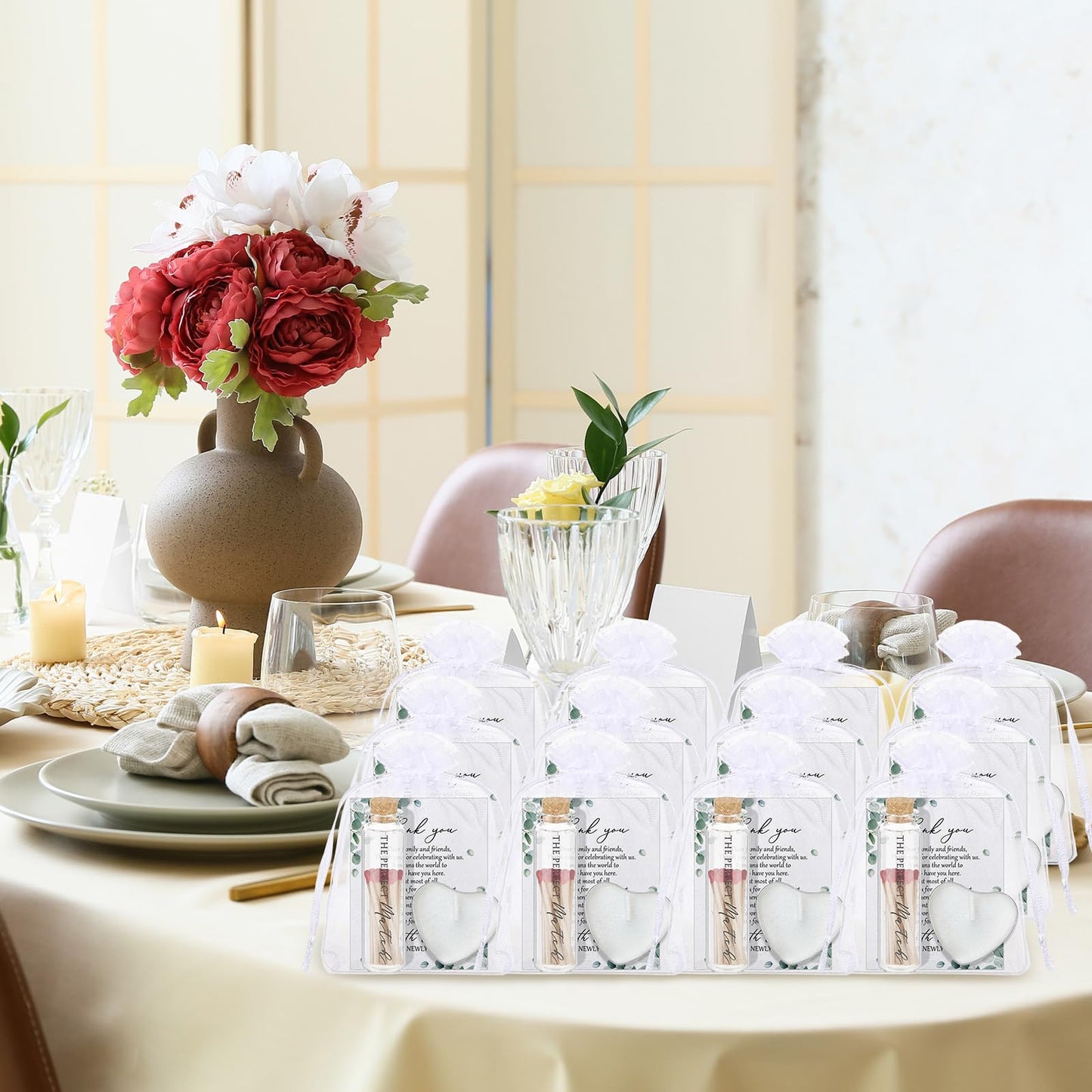 Wovnet 100 Sets Wedding Party Favors for Guests Bulk Including Mini Heart Shaped Candles and Empty Matches Jars with Cork Top Thank You Cards and Organza Bags for Wedding Bridal Shower Party Souvenir