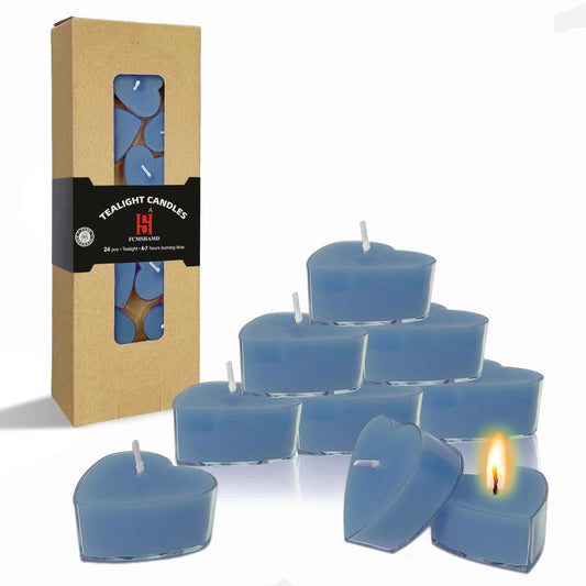 Sea Salt Scented Heart Tealight Candles, Dark Blue Scent Tea Lights Candles Clear Cup, 24 Pack Colored Tealights Candle, 4 Hour Burn Time Tea Candles for Weddings Romantic Decor