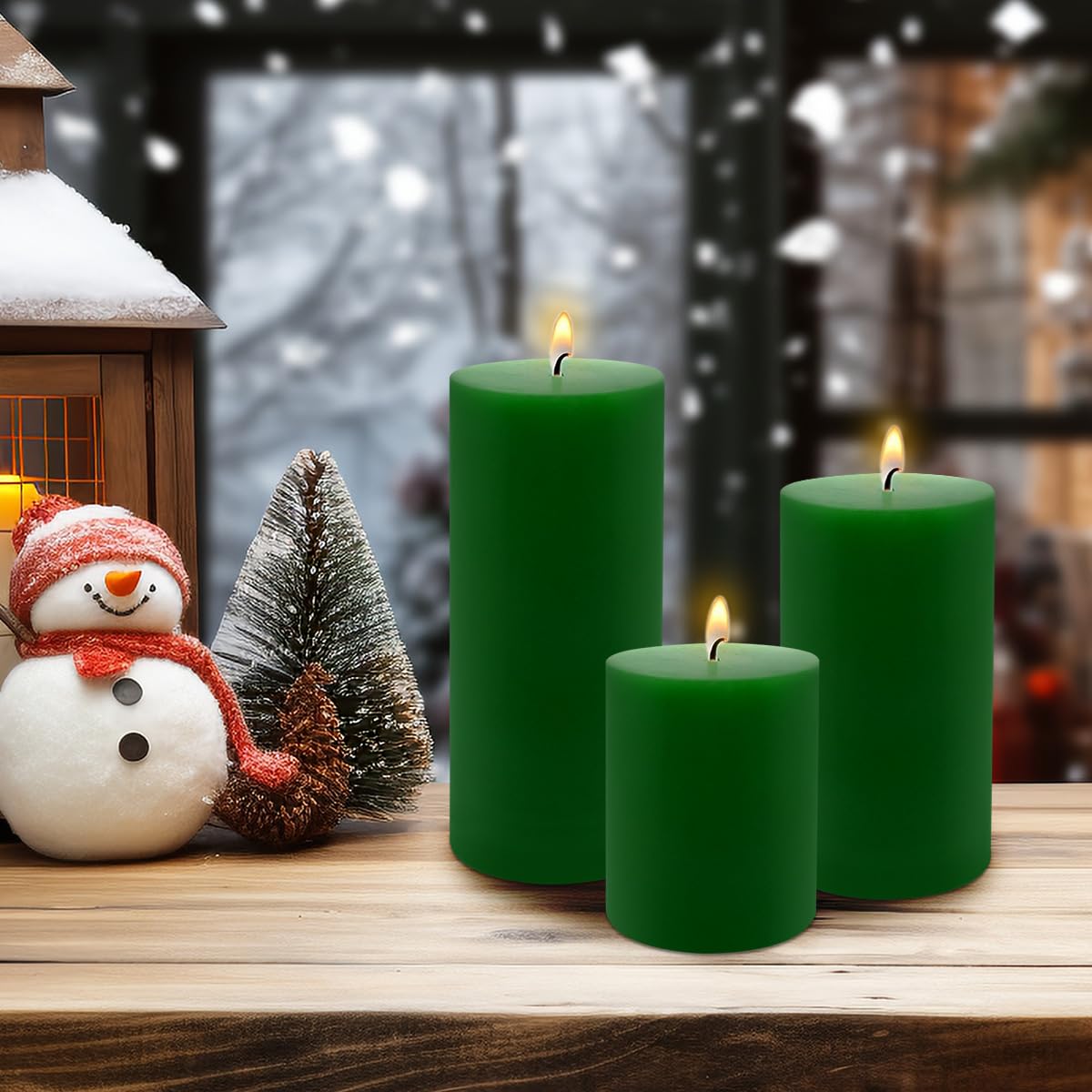 Green Pillar Candles Set of 3 - Dripless Unscented - 3x4, 3x6 & 3x8 inches Decorative Candles for Home Decor & Table Centerpieces
