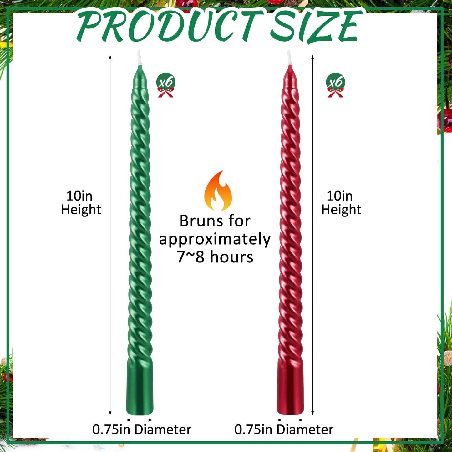MTLEE 12 Pcs 10 Inch Christmas Spiral Taper Candles Red Green Dripless Twisted Wax Candles, Long Tapered Candles Unscented Candle Sticks for Xmas Home Party Dinner Dining Table Wedding Supplies