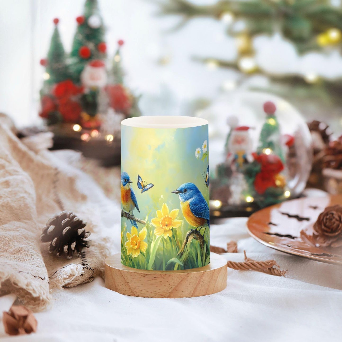 ALAZA Spring Summer Flowers Blue Bird Flickering Flameless Candles Battery Operated with Remote Timer,Tea Light Candles LED Pillar Votive Candles Set of 2 for Outdoor Indoor Decorations