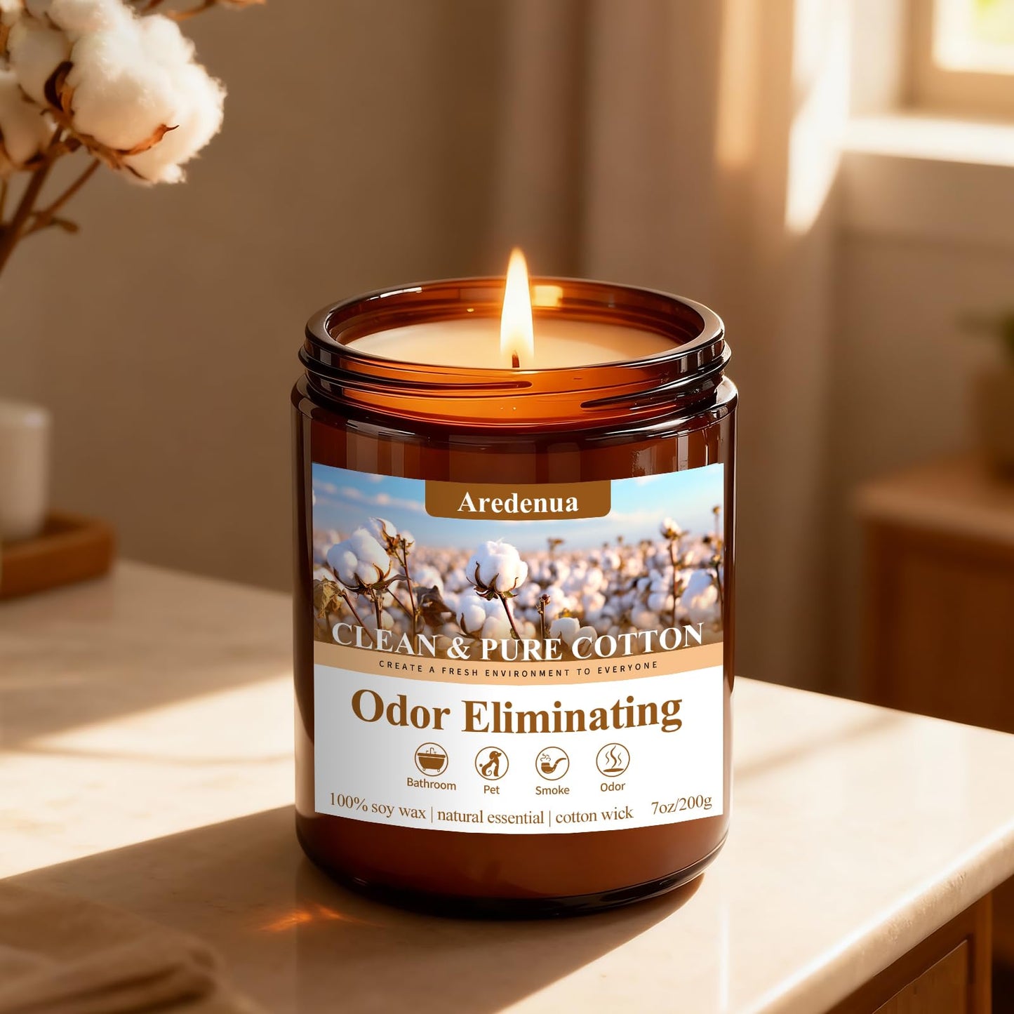 Clean & Pure Cotton Odor Eliminating Candles | Eliminates 95% of Pet, Smoke & Bathroom Odors – 7 oz Hand Poured Non-Toxic Soy Candle - Fresh Air Scented Candle Gentle for Pet - Gifts for Families