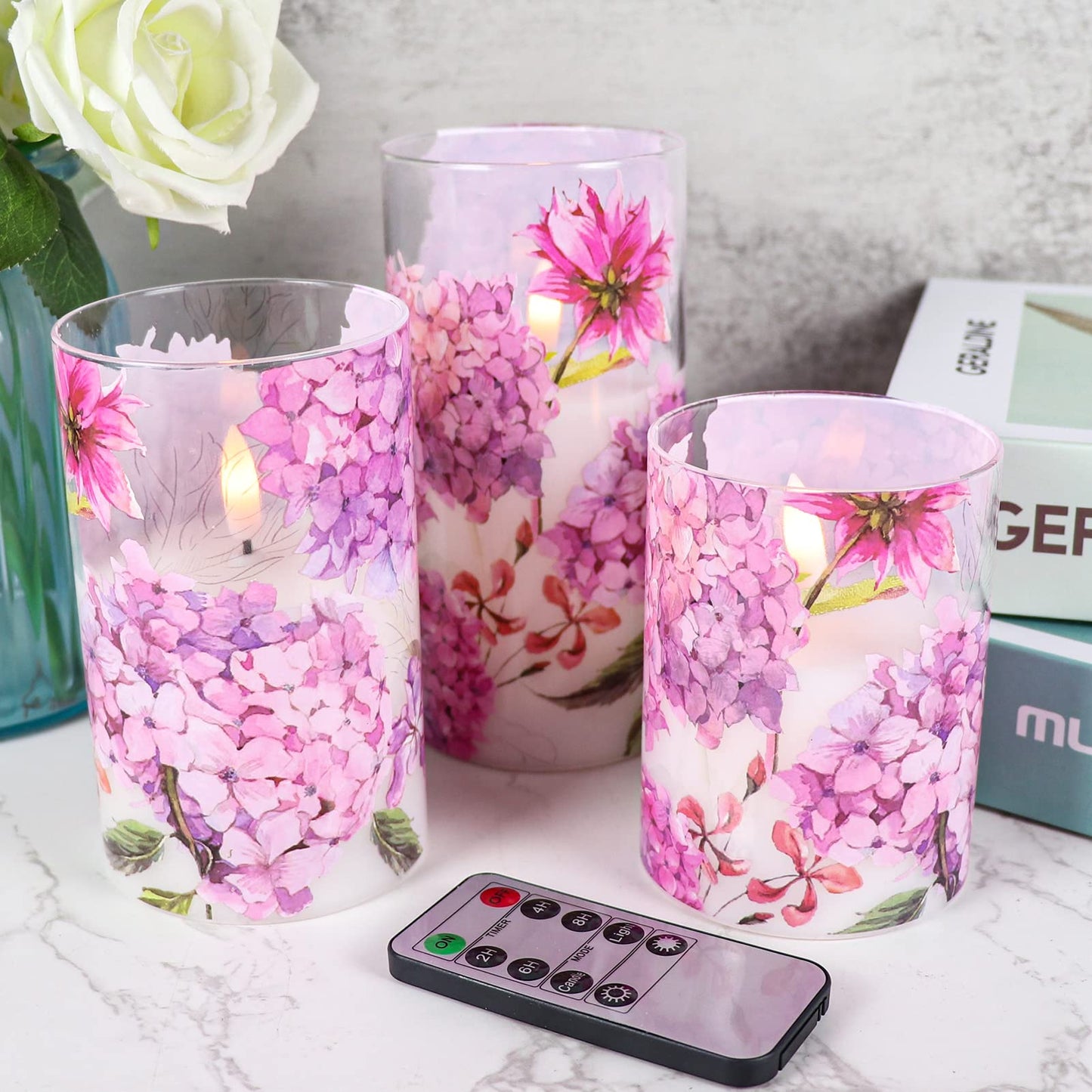 DRomance Pink Hydrangea Glass Flameless Candles with Remote Timer Battery Operated LED Pillar Candles Realistic 3D Wick Flickering Real Wax Wedding Dinner Holiday Decor Candle 3 x 4,5,6 Inches