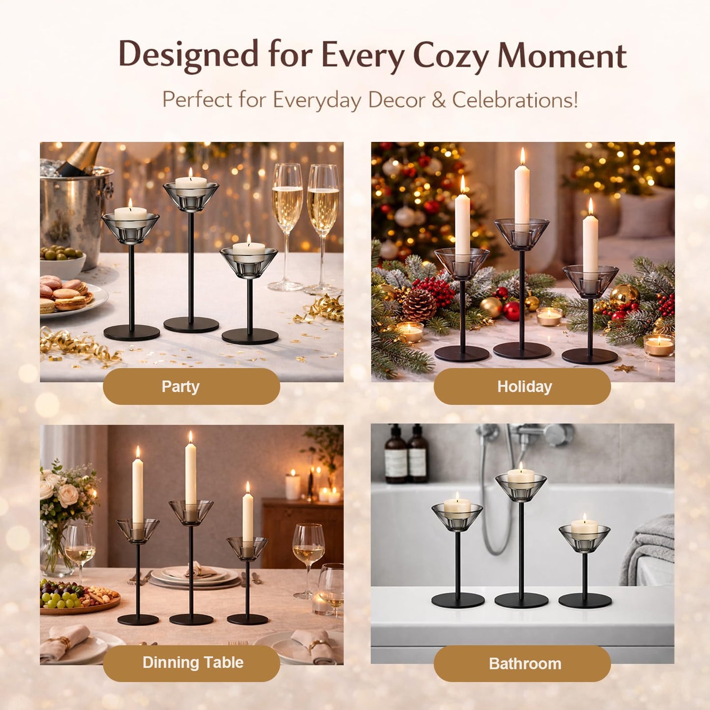Smytle Smoke‑Gray Candlestick Holders, Set of 3 Smoked Glass Candleholder Sets with Weighted Metal Base, Modern Minimalist Taper Candle Holders for Fireplace Mantel and Table Decor