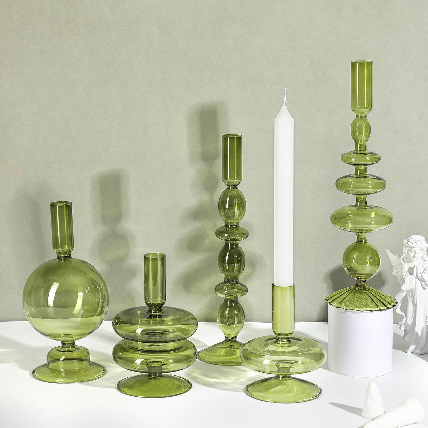 Rtteri 5 Pcs Glass Candlestick Holders Colorful Glass Taper Candle Stand Groovy Candlestick Wavy Boho Chic Clear Bases Holders Elegant Vase for Home Party Centerpiece(Green)