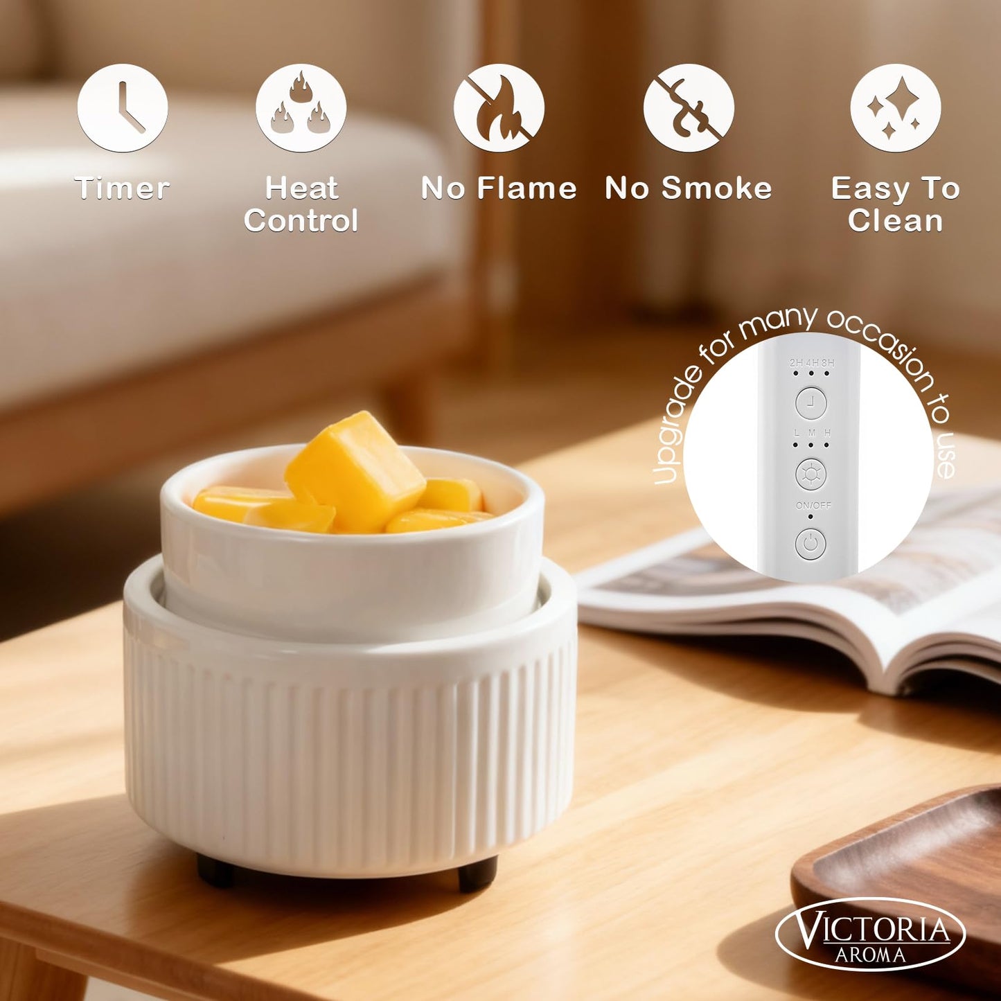 VICTORIA AROMA Ceramic Wax Warmer with Timer, Candle Wax Melter & Wax Burner for Scented Wax Melts, Electric Fragrance Wax Melt Warmer for Home Office Decor Ideal Gift（White）