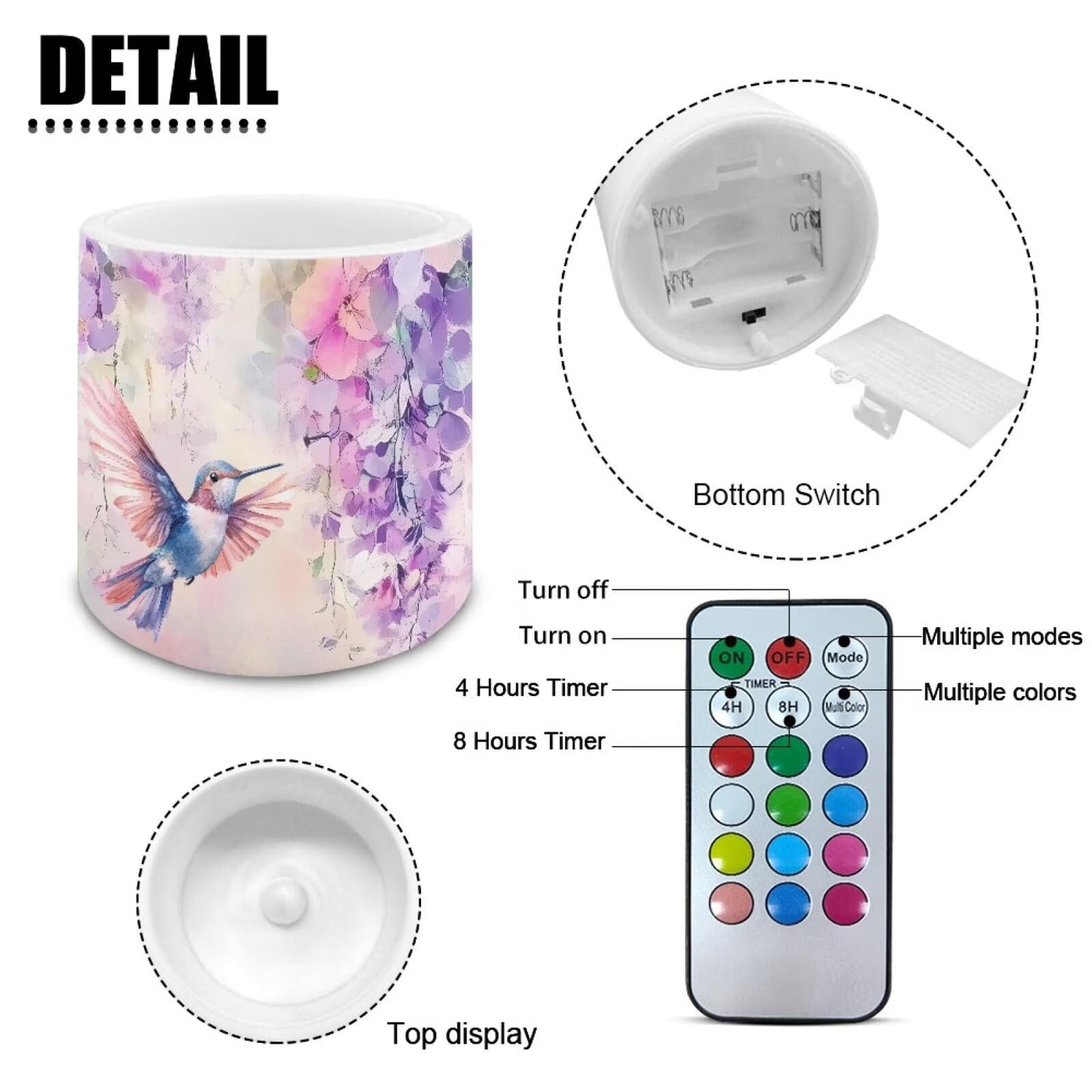 NETILGEN Purple Floral Hummingbird Flameless LED Candles Pack of 4 Color Changing Battery Operated Flickering LED Pillar Candles with Remote Timer Control