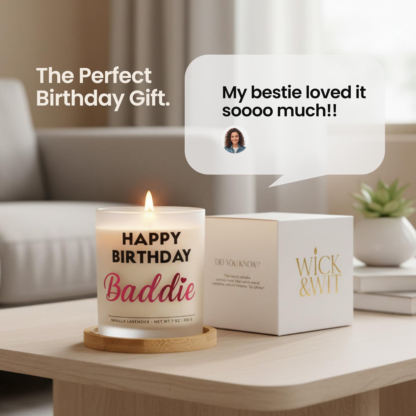 Best Friend Birthday Gifts for Women – Happy Birthday Baddie Soy Candle Gift Set, Vanilla Lavender, 50+ Hour Burn, Ready to Gift Box by Wick and Wit