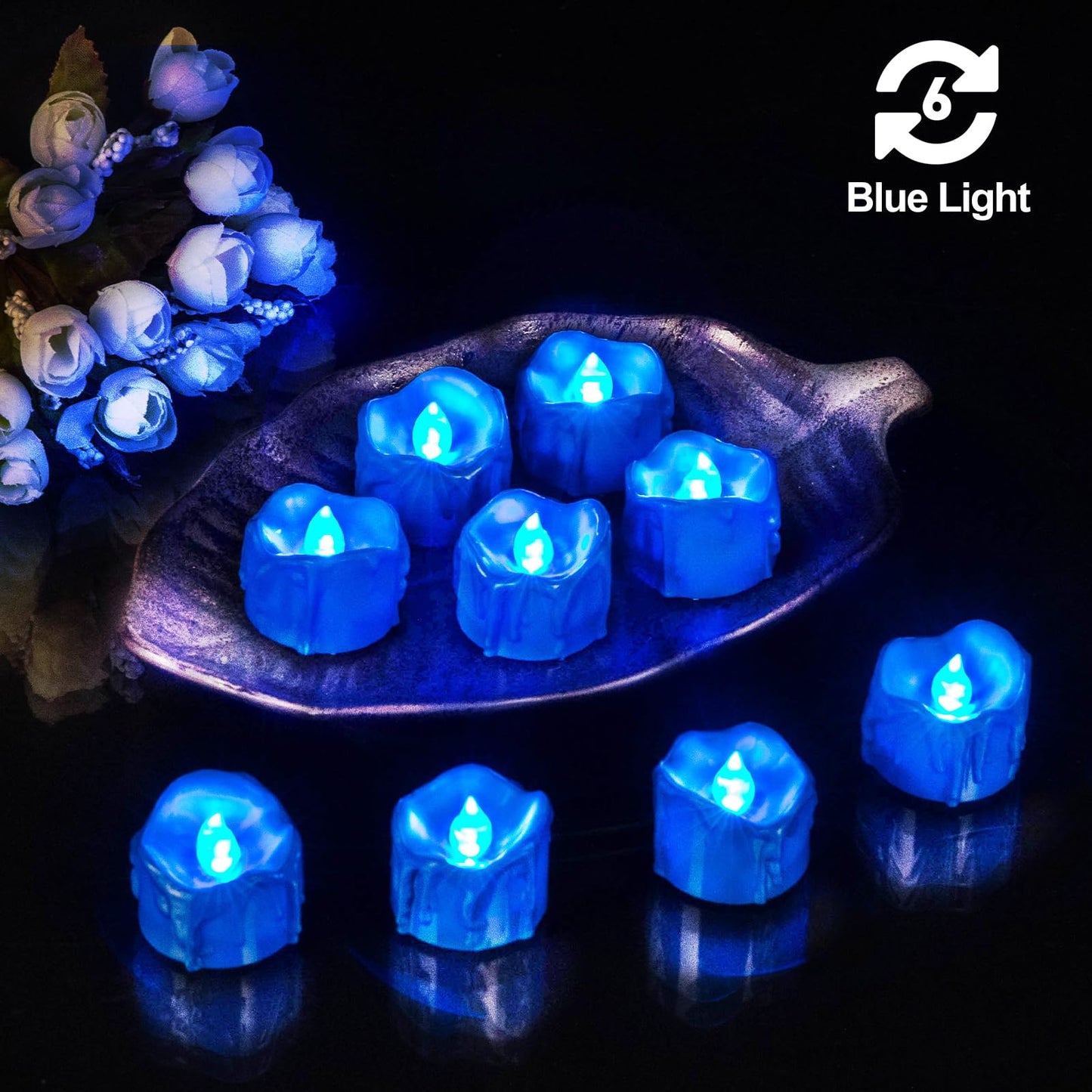 Windshell Blue Flickering Flame Tealight Candles with 6H Timer (No Remote), Battery Operated LED Flameless Tea Lights with Melting Design, for Halloween Christmas Wedding Party, 12 Pack